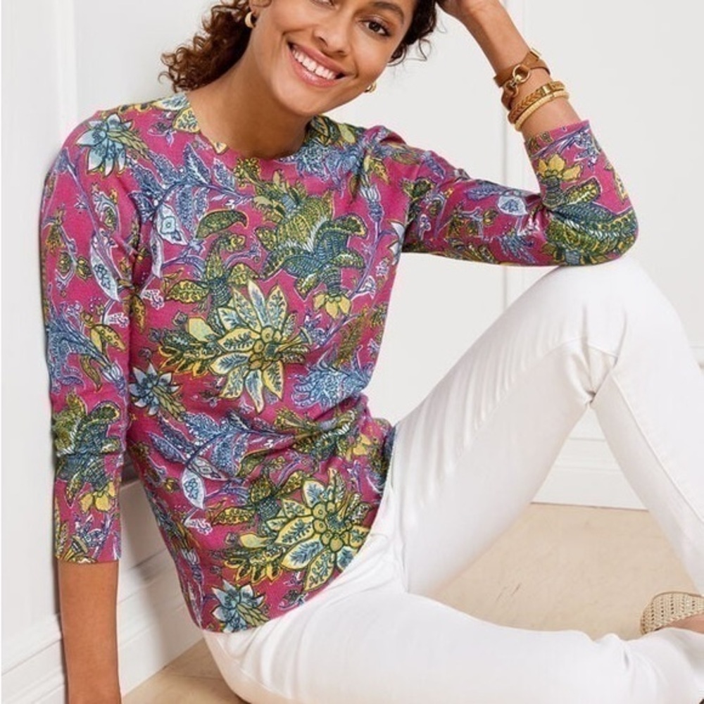 100% Cotton Talbots CREWNECK SWEATER - LIVELY FLORAL